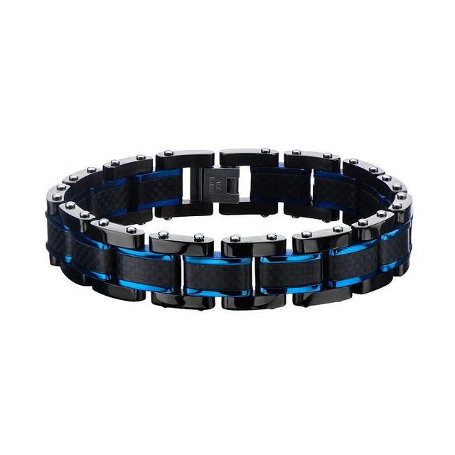 Mens Black & Blue Stainless Steel Carbon Fiber Link Bracelet Tone Product Image