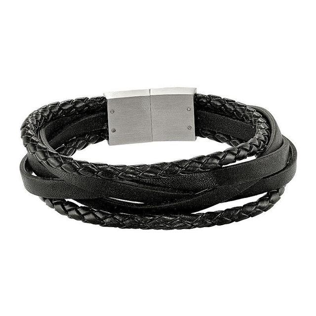 Mens Black Leather Multistrand Bracelet Stainless Product Image