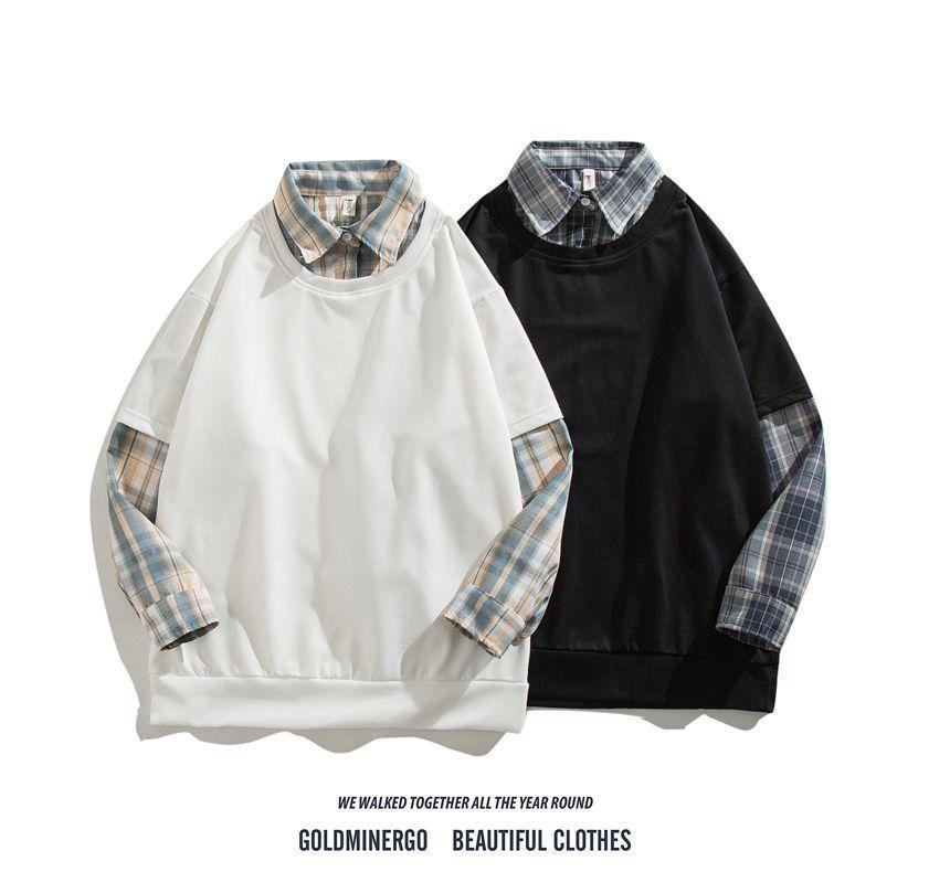 Mock Two-Piece Plaid Panel Sweatshirt Product Image