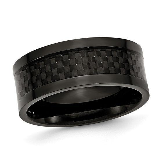 Men's 9.0mm Checker Pattern Black Carbon Fiber Inlay Wedding Band in Black IP Titanium Product Image