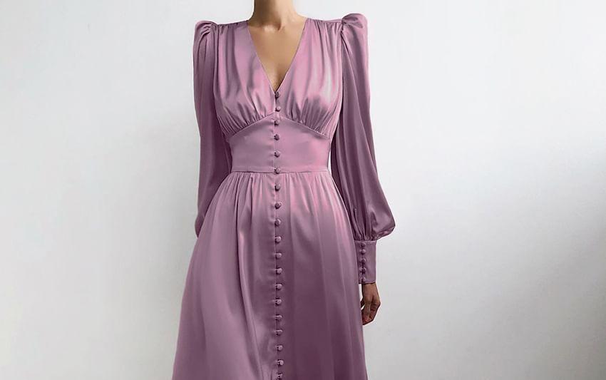 Long-Sleeve V-Neck Plain Midi A-Line Dress Product Image