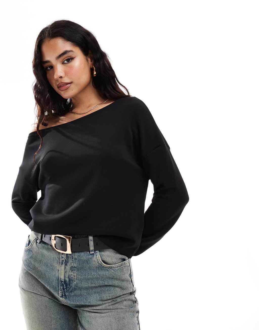 Stradivarius soft touch off shoulder sweatshirt in black Product Image