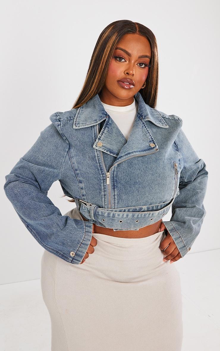 Plus Vintage Mid Wash Cropped Denim Biker Jacket Product Image