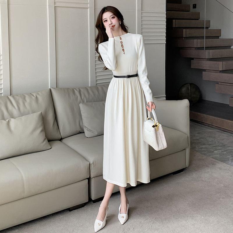 Long-Sleeve Mock Neck Cutout Plain Midi A-Line Dress Product Image