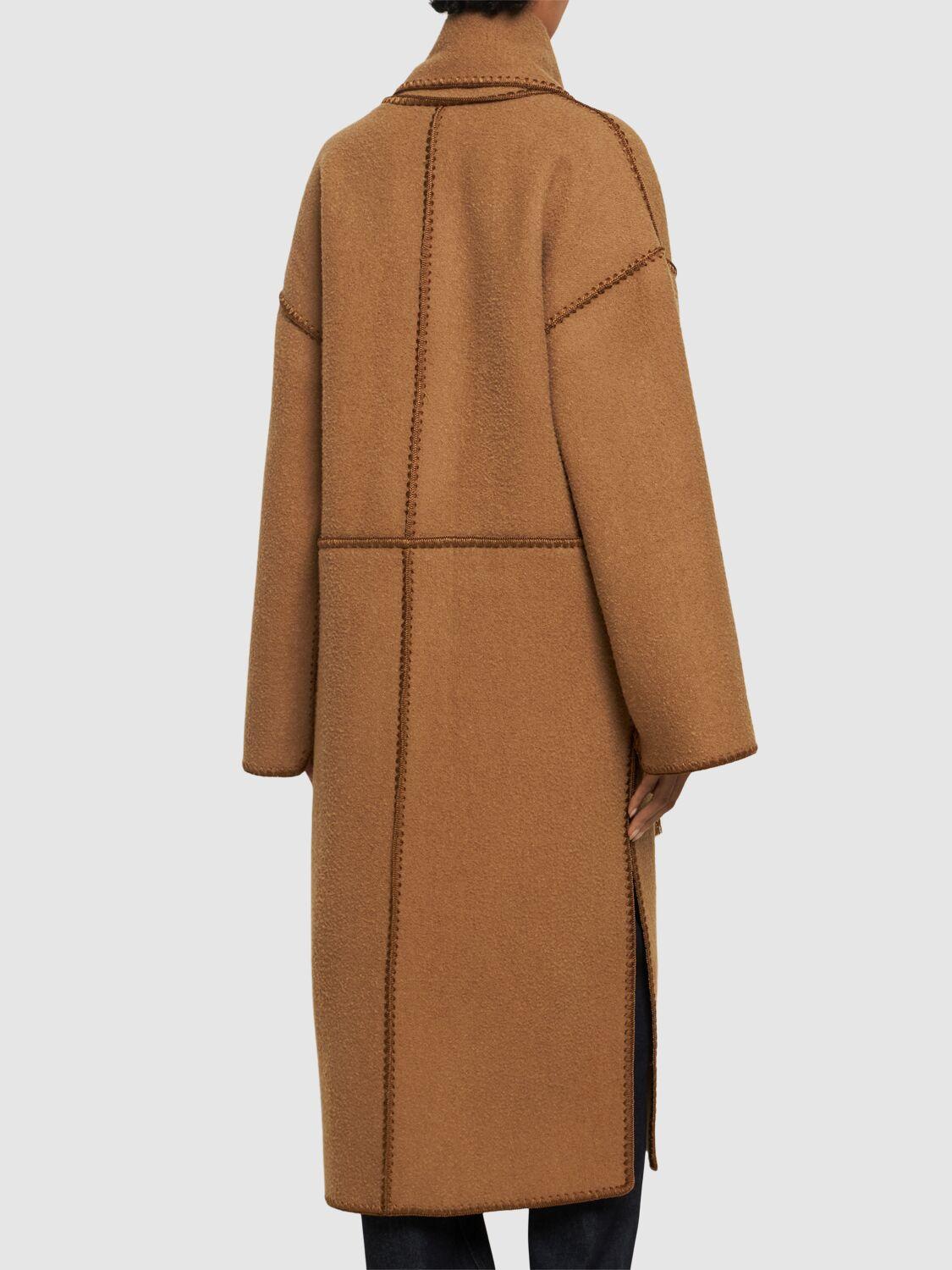 Embroidered Scarf Wool Blend Long Coat In Camel Product Image