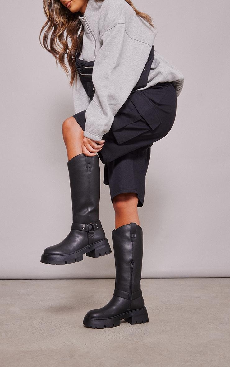 Black Cleated Sole Buckle Ring Detail Mid Calf Boots product image