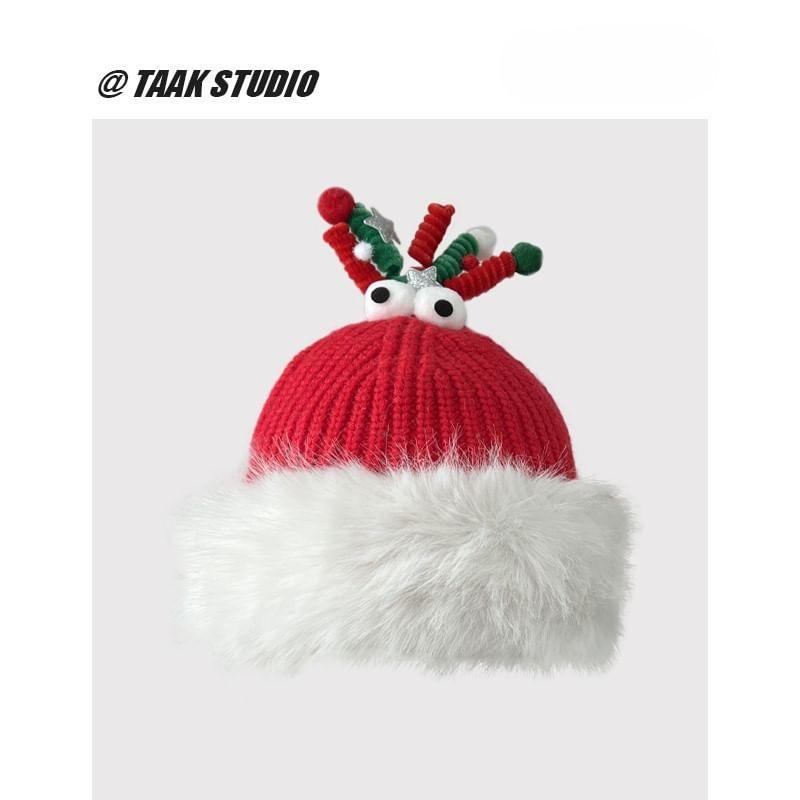 Christmas Deer Horn Chenille Knit Beanie Product Image