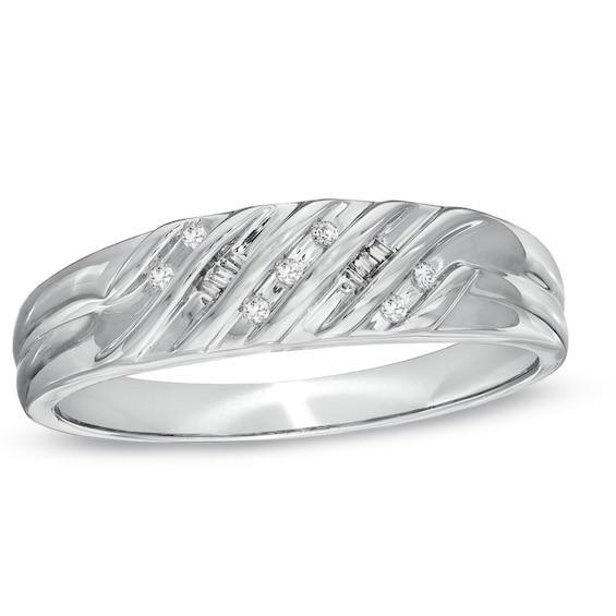 Men's 1/10 CT. T.w. Diamond Multi-Groove Wedding Band in 10K White Gold Product Image