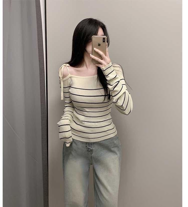 Cold-Shoulder Striped Ribbed Sweater Product Image