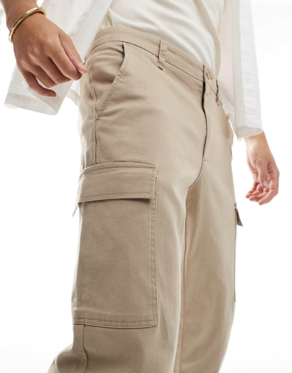 Only & Sons straight fit cargo pants in beige Product Image