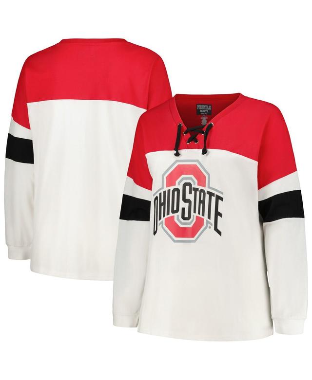 Womens Profile Ohio State Buckeyes Plus Size Colorblock Lace-Up Long Sleeve T-Shirt Product Image