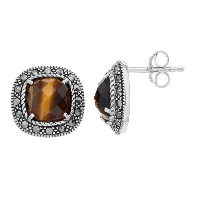 Lavish by TJM Sterling Silver Tigers Eye & Marcasite Cushion Post Earrings, Womens Product Image