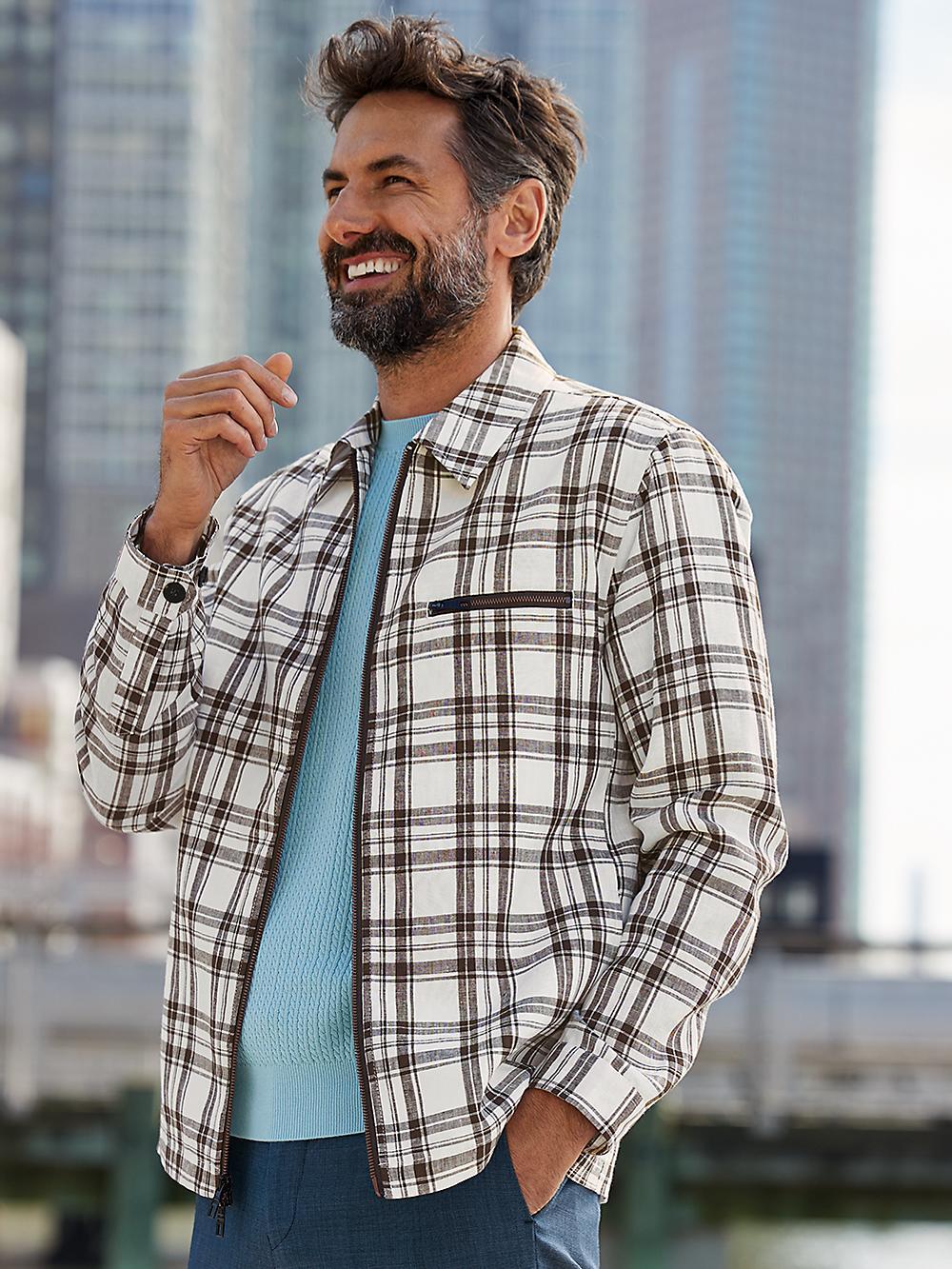 Linen Plaid Shirt Jacket - Brown/white Product Image