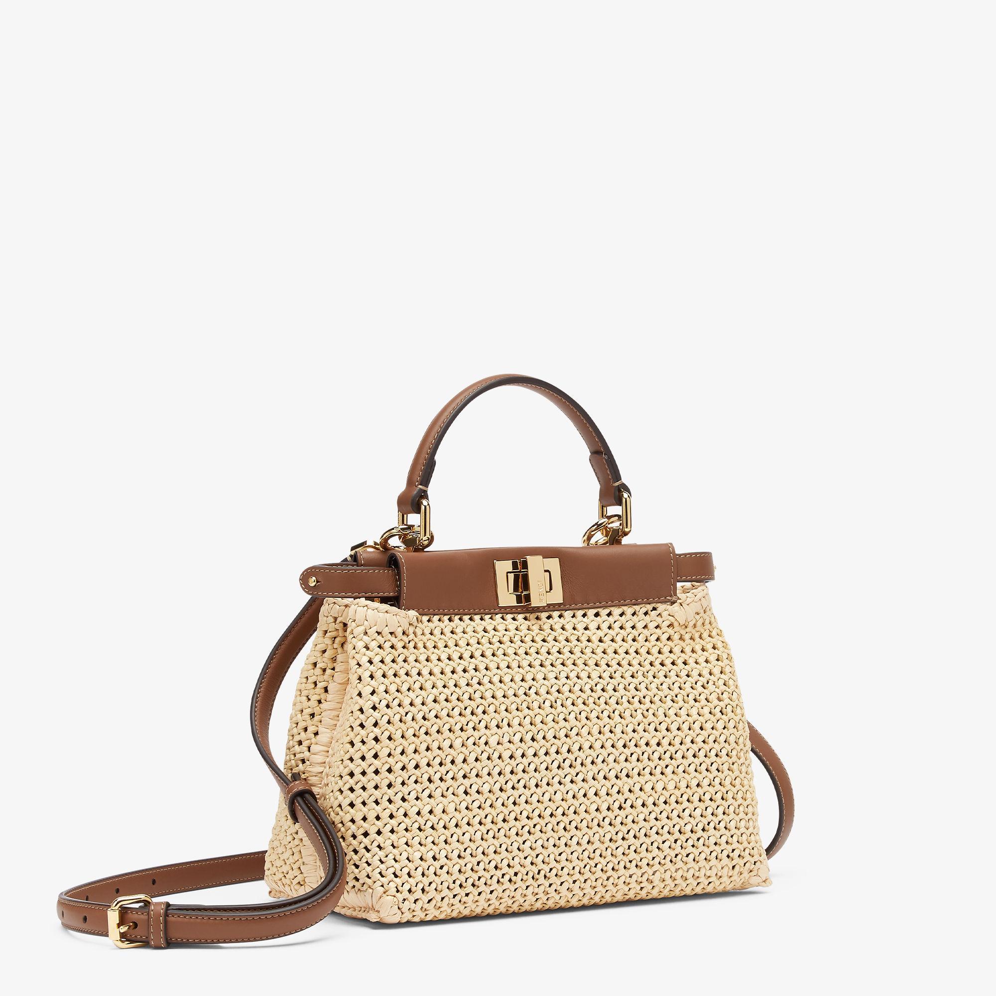 Peekaboo MiniBrown leather and macramé raffia bag Product Image