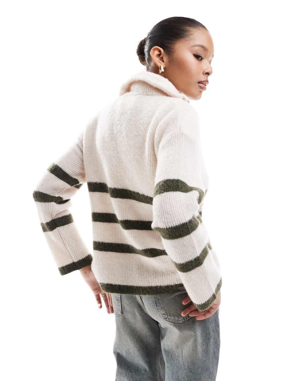 Selected Femme half zip knit merino wool blend stripe sweater in cream with green stripe Product Image