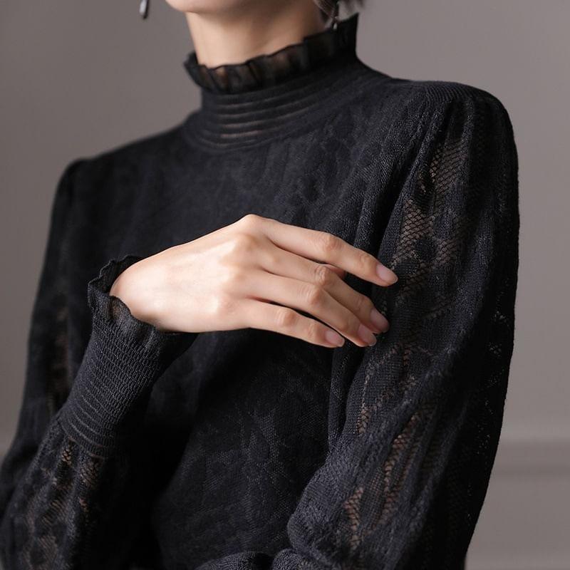 Puff-Sleeve High Neck Ruffled Patterned Knit Top Product Image