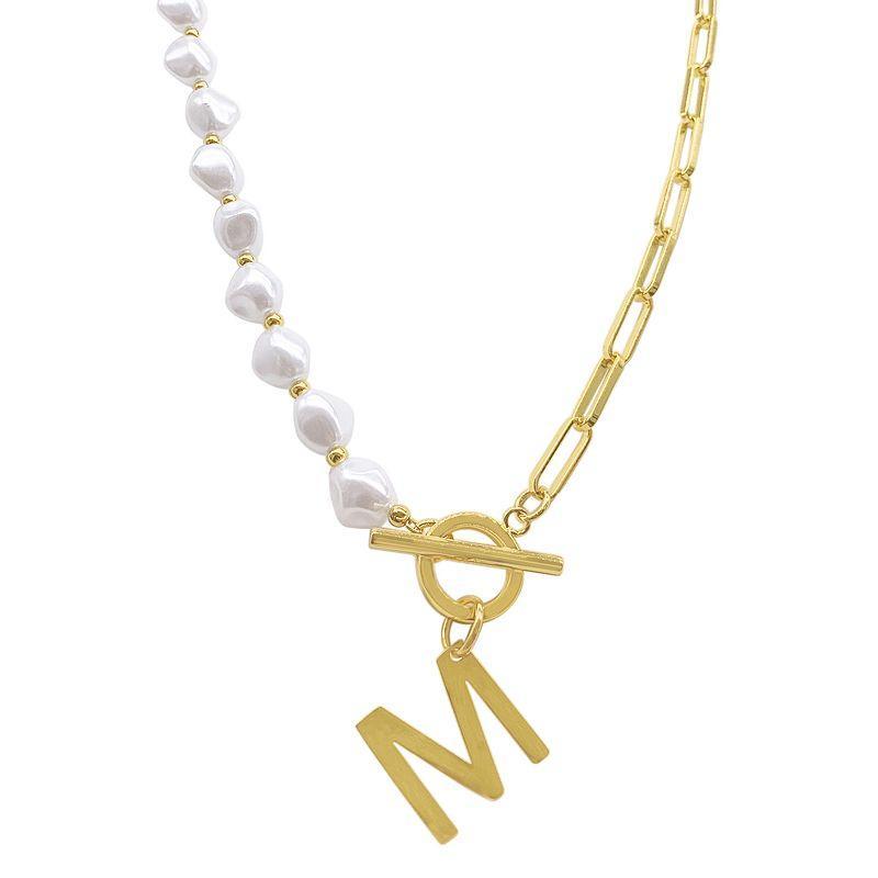 Adornia Simulated Pearl & Paperclip Chain Initial Toggle Necklace, Womens, Gold Tone M Product Image