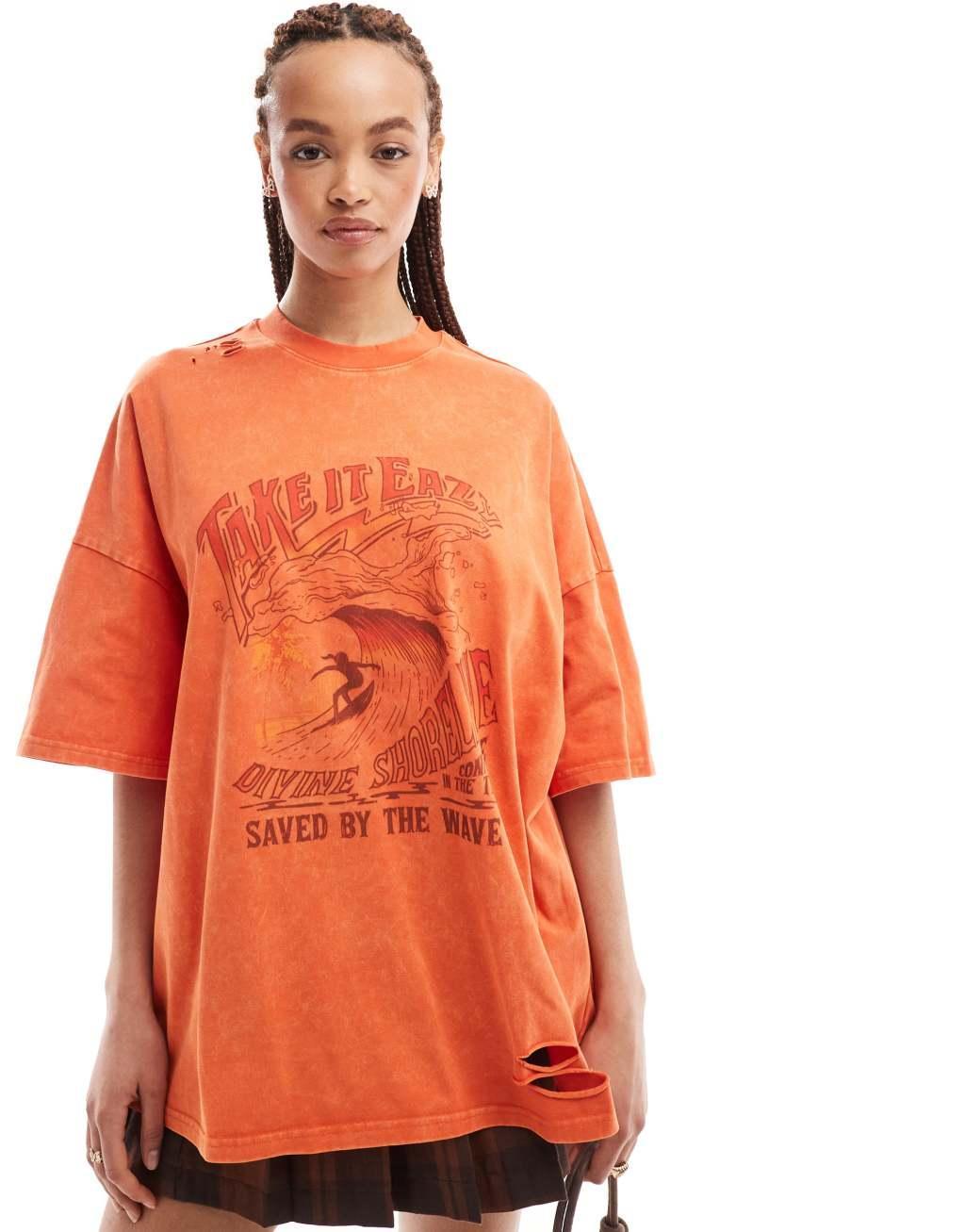 Urban Revivo surf print oversized t-shirt in acid wash orange Product Image