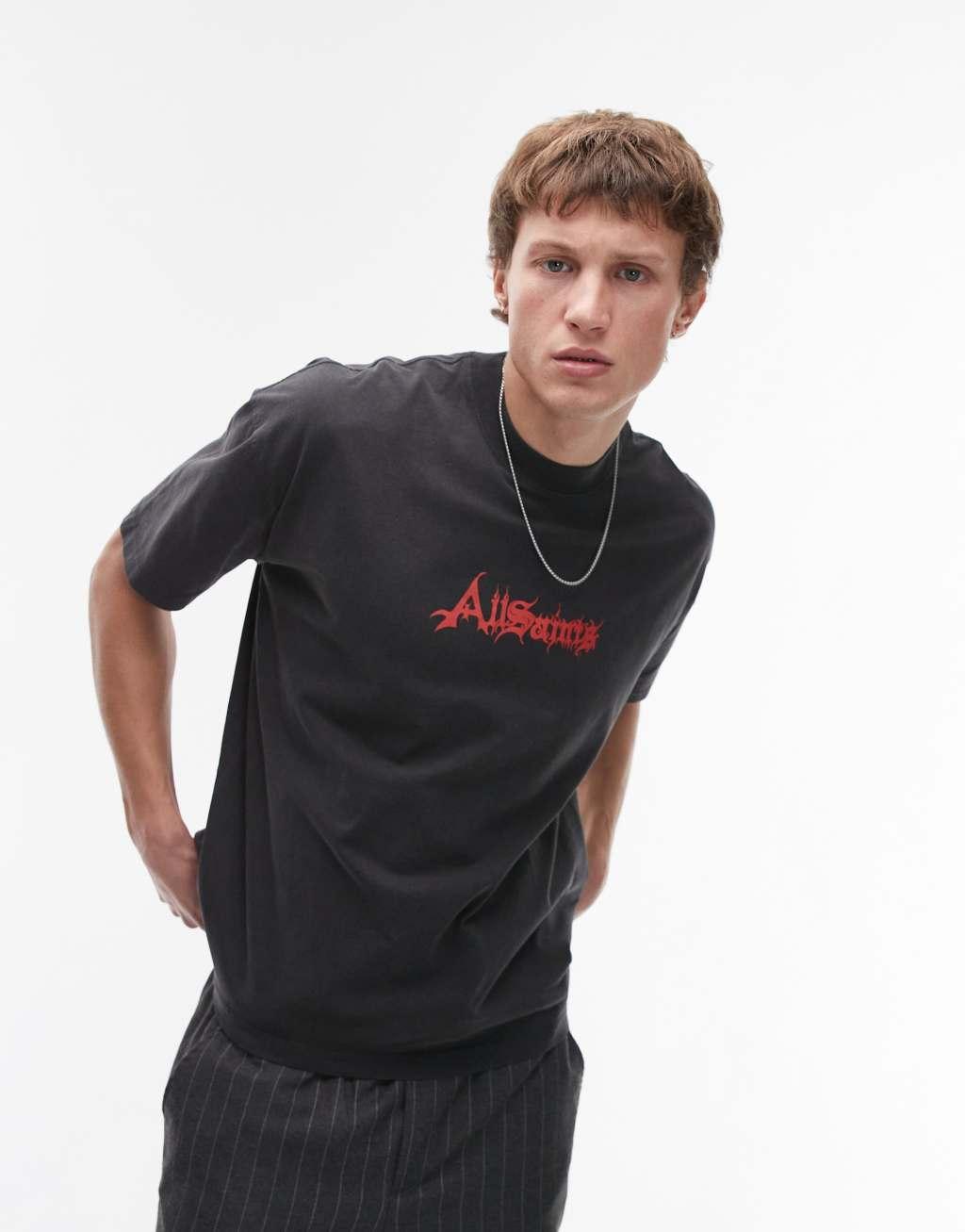 AllSaints Damienz graphic t-shirt in washed black Product Image