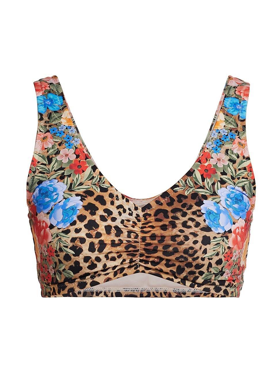 Womens Ruched Cheetah & Floral-Print Bikini Top Product Image