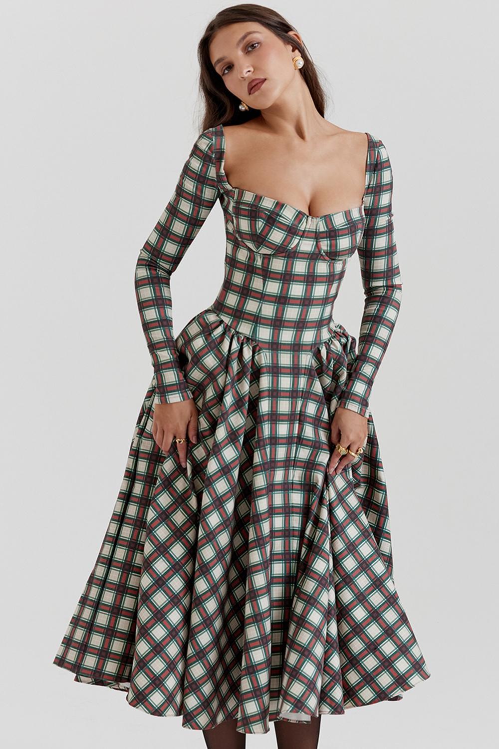 Eliza Red Tartan Corset Midi Dress - SALE Product Image