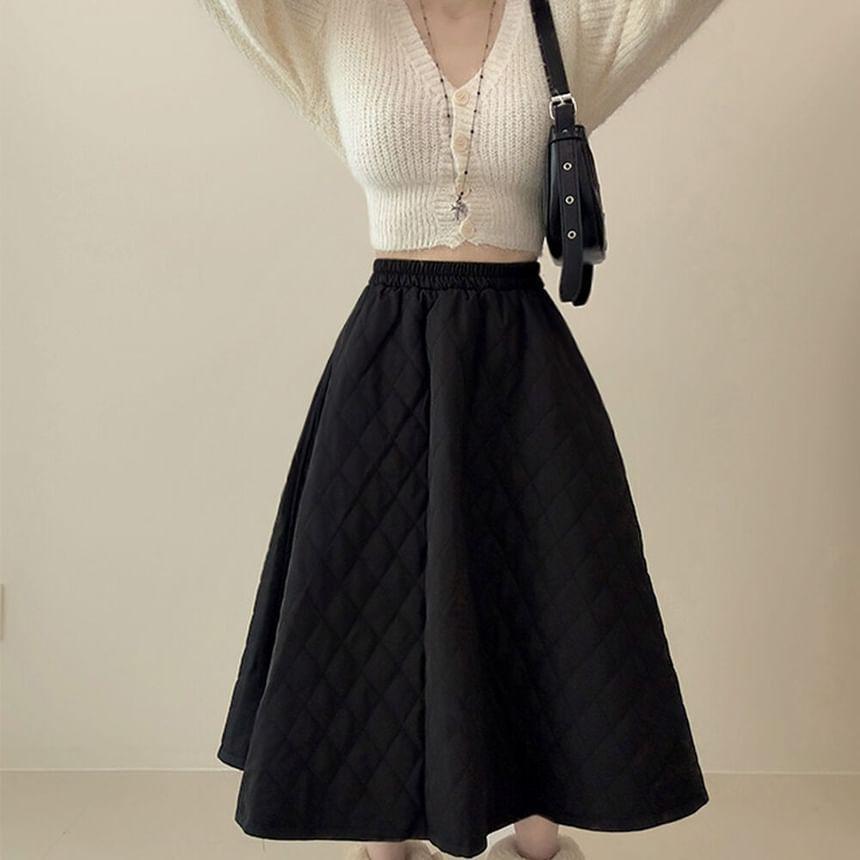 High Rise Quilted A-Line Midi Skirt Product Image