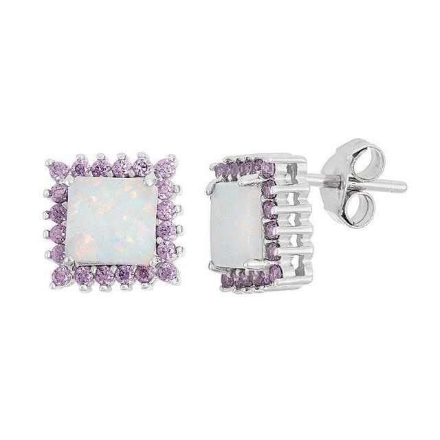 Sterling Silver Lab-Created Opal & Cubic Zirconia Square Halo Stud Earrings, Womens, Multicolor Product Image