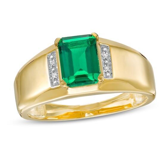 Men's Emerald-Cut Lab-Created Emerald and Diamond Accent Collar Beveled Edge Ring in 10K Gold Product Image