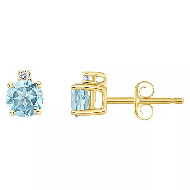 14k White Gold 4 mm Round Birthstone & 1/10 Carat T.W. Diamond Stud Earrings, Womens, Aquamarine Product Image