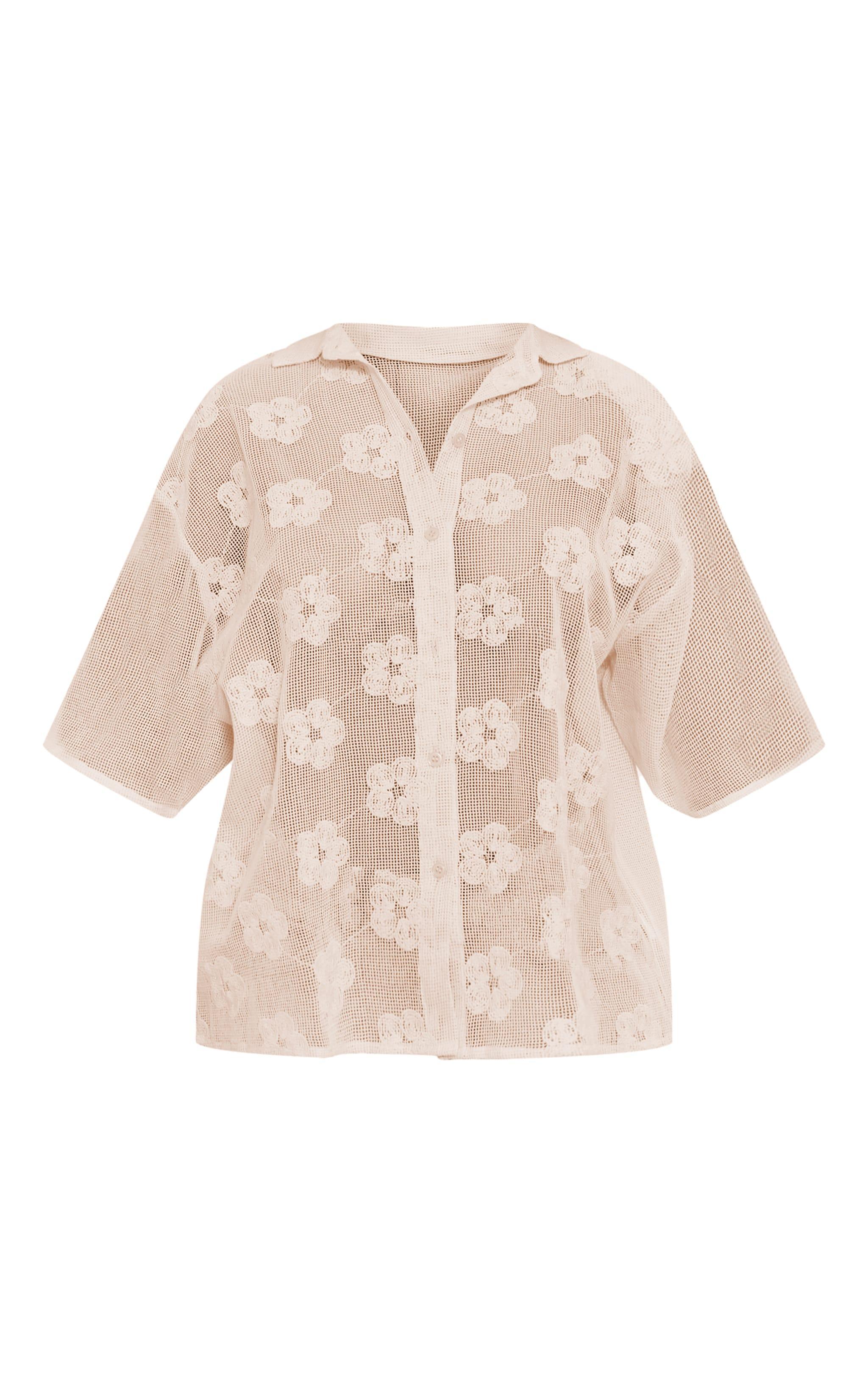 Beige Flower Embroidered Oversized Fit Shirt product image