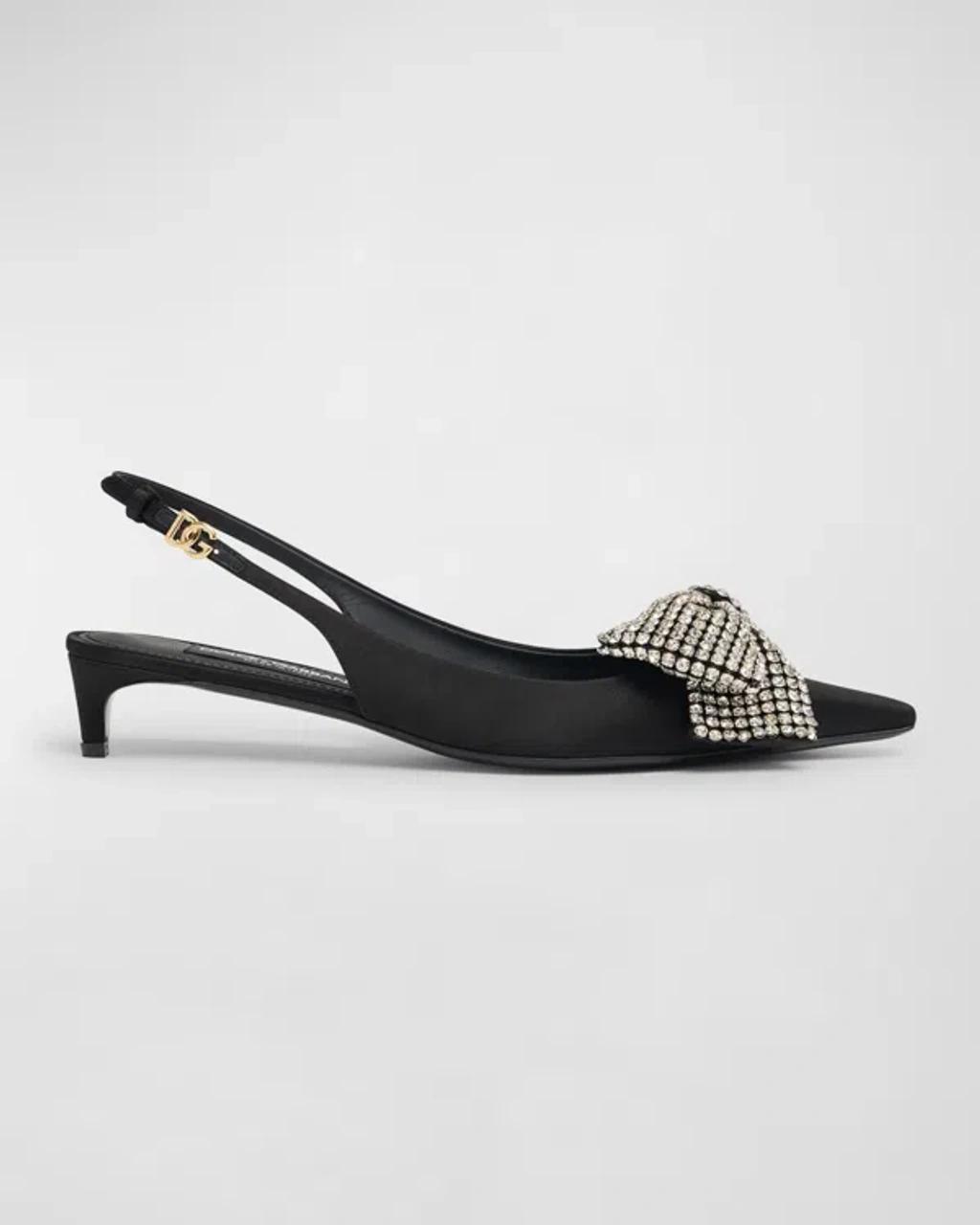 DOLCE & GABBANA Satin Crystal Bow Kitten Slingback Pumps In Black Product Image