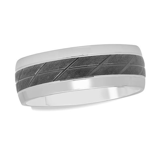 Men's 8.0mm Diamond-Cut Slant Groove Center Wedding Band in Sterling Silver and Black Rhodium Product Image