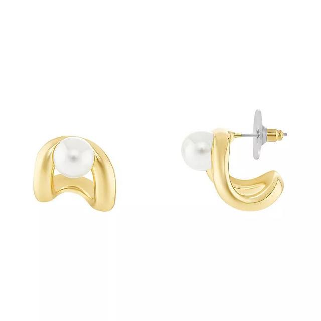 Emberly Gold Tone Simulated White Pearl Polished Split C-Hoop Earrings, Womens Product Image