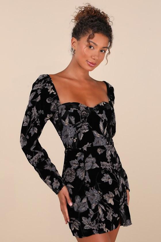 Simply Decadent Black Floral Velvet Burnout Bustier Mini Dress Product Image