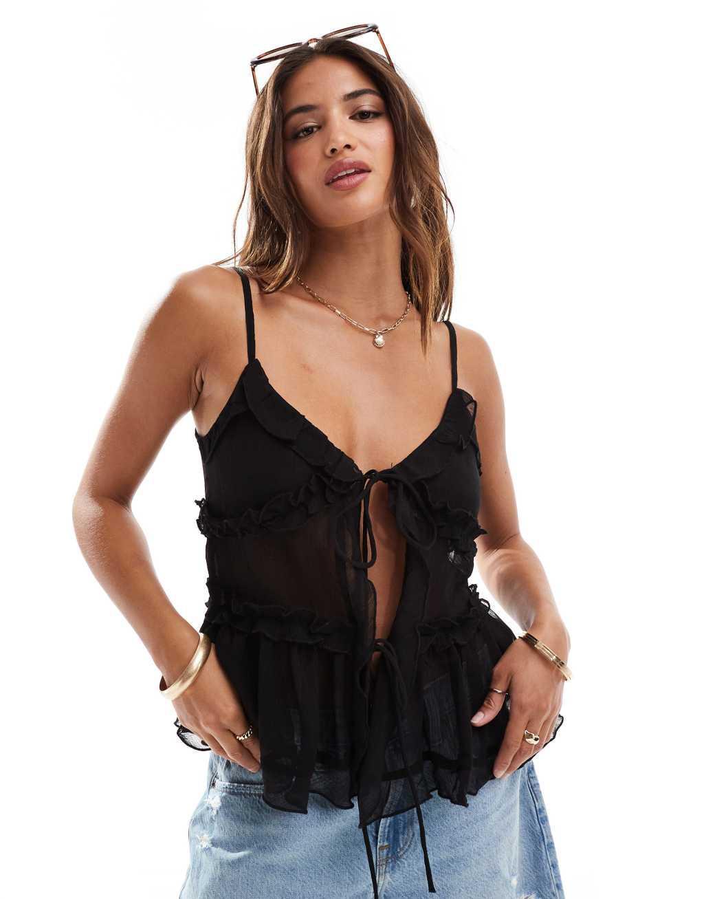 ONLY fron tie frill top in black Product Image