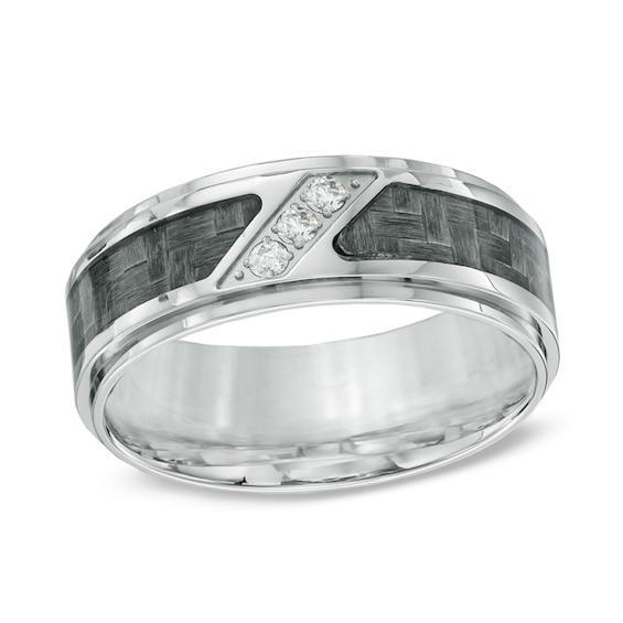 Men's 1/10 CT. T.w. Diamond Three Stone Grey Carbon Fiber Comfort Fit Stainless Steel Wedding Band Product Image