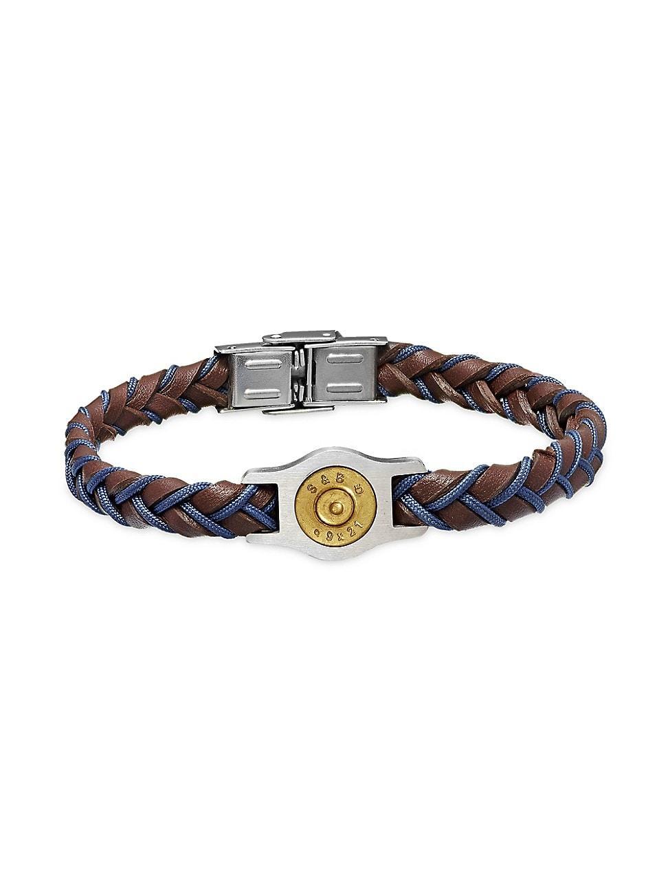 Mens Stainless Steel & Leather Braided Two-Tone Bracelet Product Image