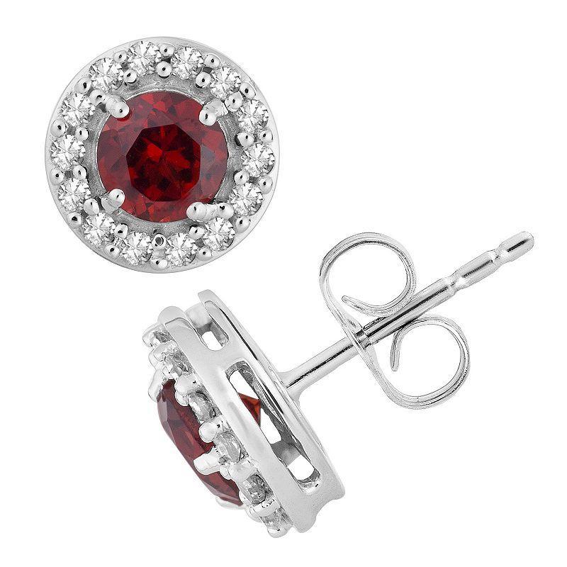 10k White Gold Garnet & 1/6 Carat T.W. Diamond Halo Stud Earrings, Womens Red Product Image