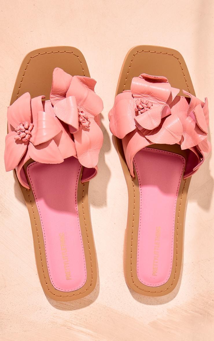 Pink Real Leather Square Toe Corsage Strap Detail Flat Sandals Product Image