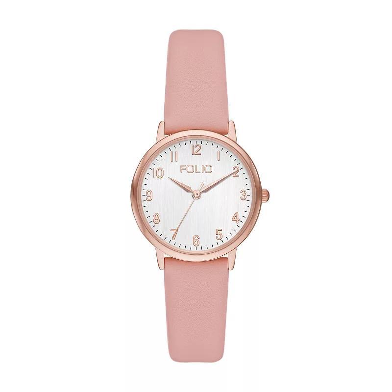 Folio Womens Easy to Read Faux Leather Strap Watch, Pink Product Image