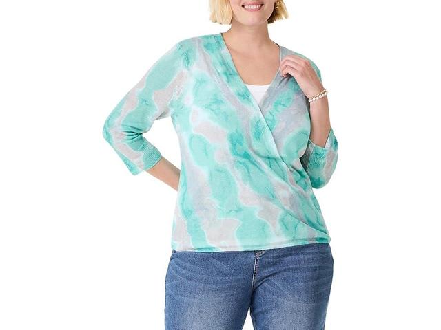 NIC+ZOE Plus Size Watercolor Waves 4-Way Cardigan (Aqua Multi) Women's Sweater Product Image