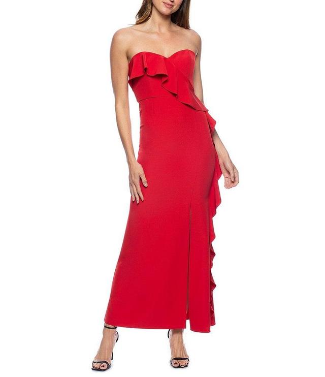 Marina Strapless Neck Sleeveless Ruffle Front Scuba Crepe Sheath Gown Product Image