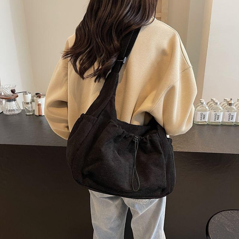 Plain Drawstring Corduroy Crossbody Bag Product Image