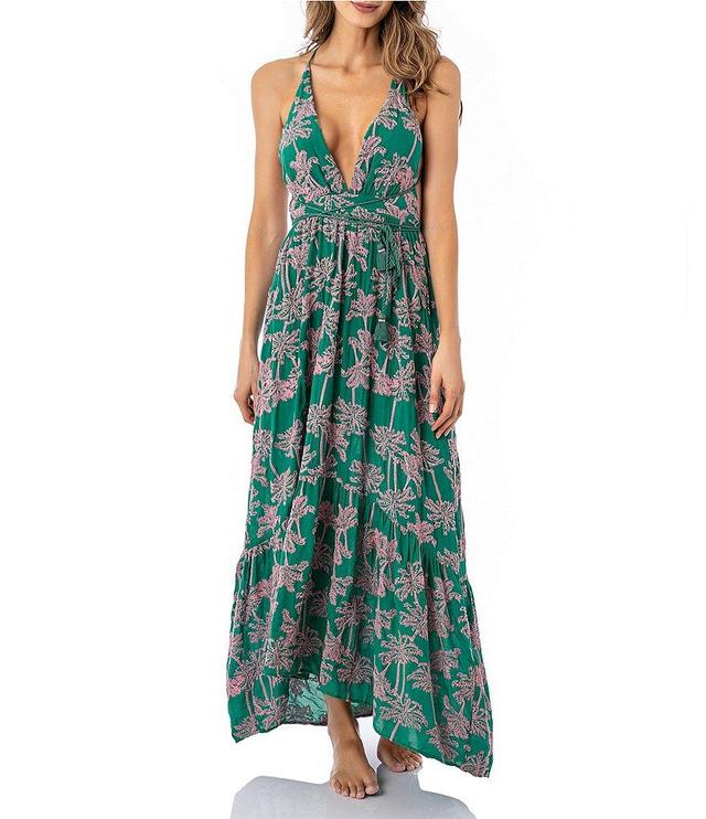 Maaji Moon Bay Palm Tree Print Embroidered Plunge V-Neck Braided Strap Tassel Detail Open Back Maxi Cover-Up Dress Product Image