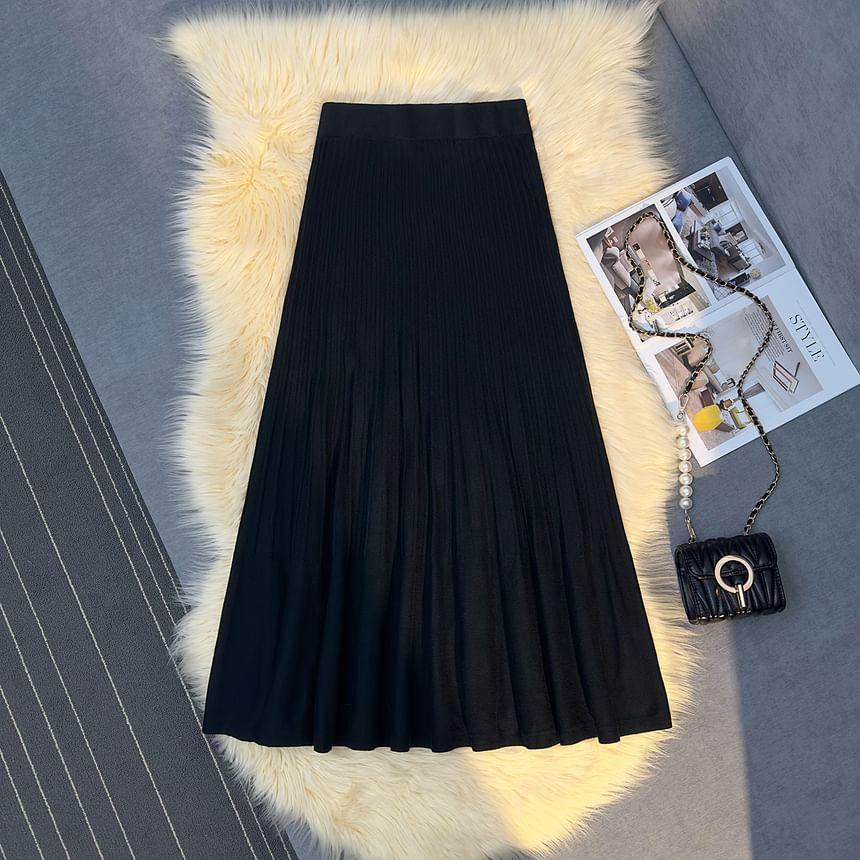 High Waist Plain Pleated Knit Midi A-Line Skirt Product Image