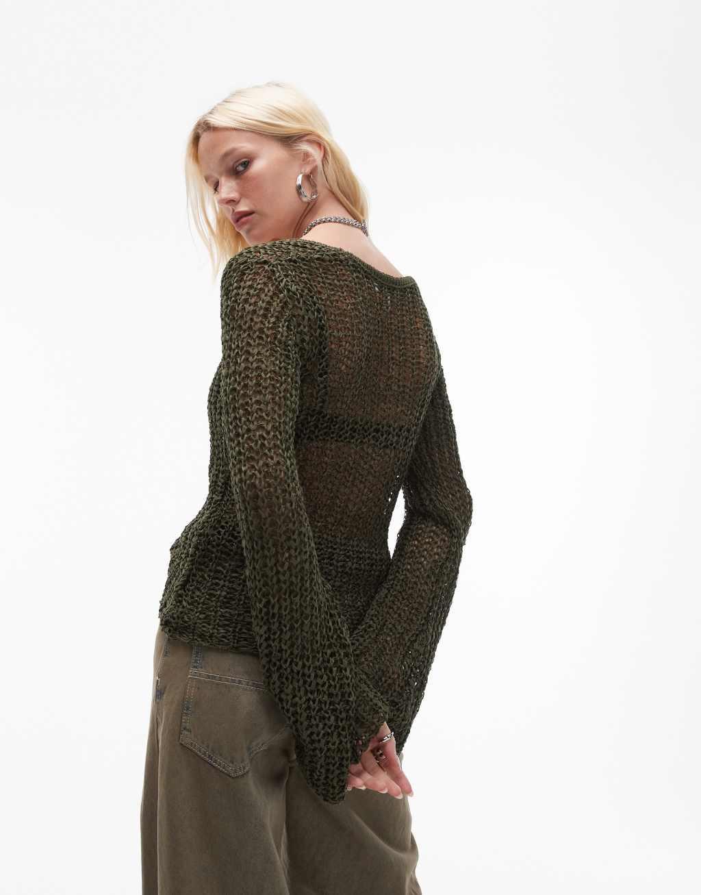 Topshop knitted scoop neck open stitch top in green Product Image