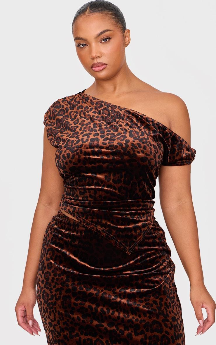 Plus Brown Velvet Animal Print Cowl Neck Top Product Image