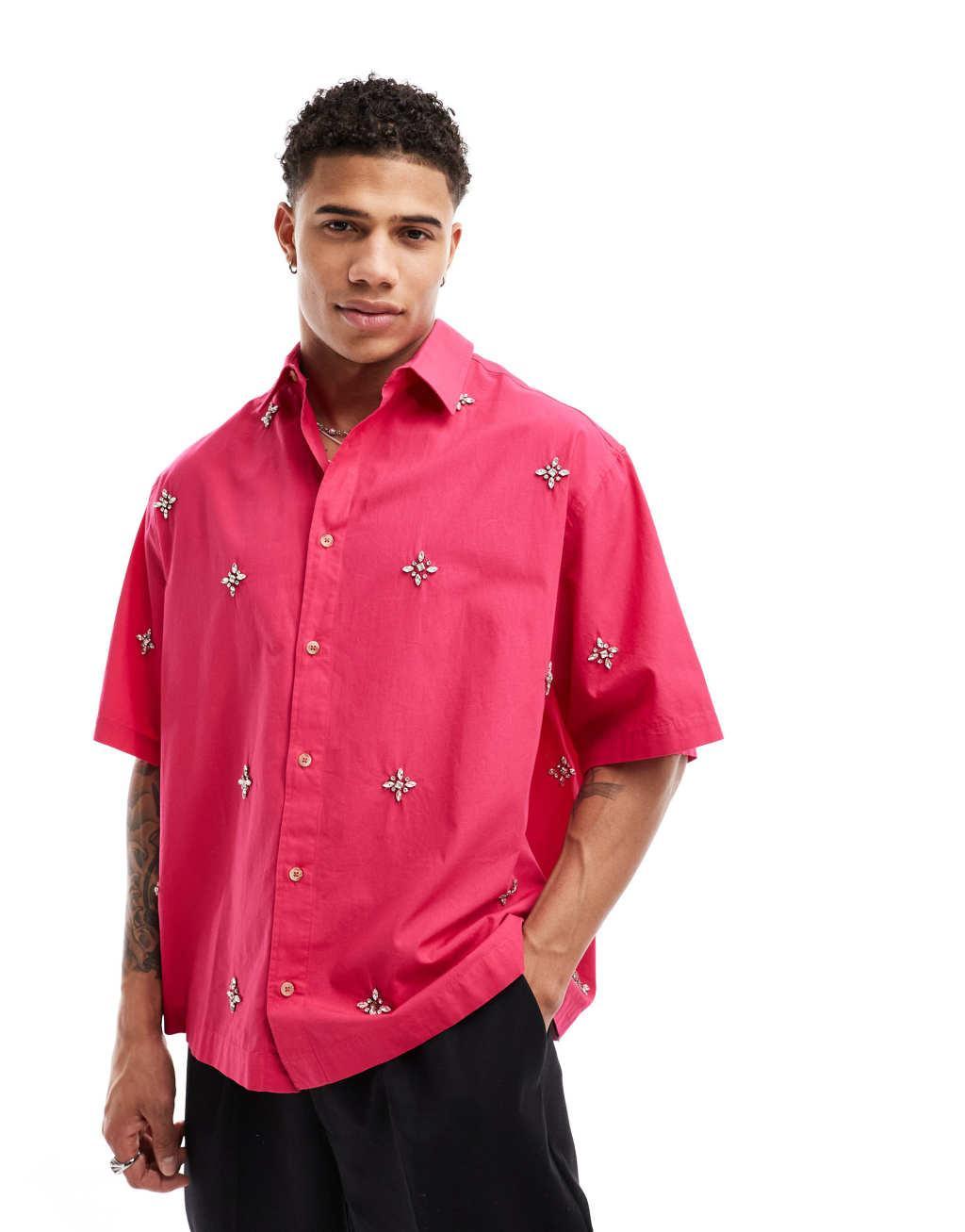 ASOS DESIGN oversized shirt with embellishment in pink Product Image