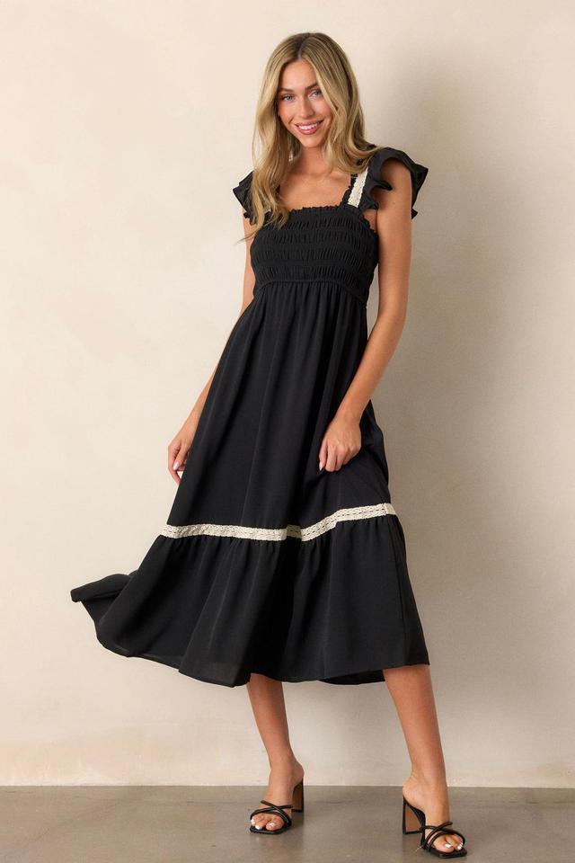 Over the Hills Black Smocked Midi Dress Product Image