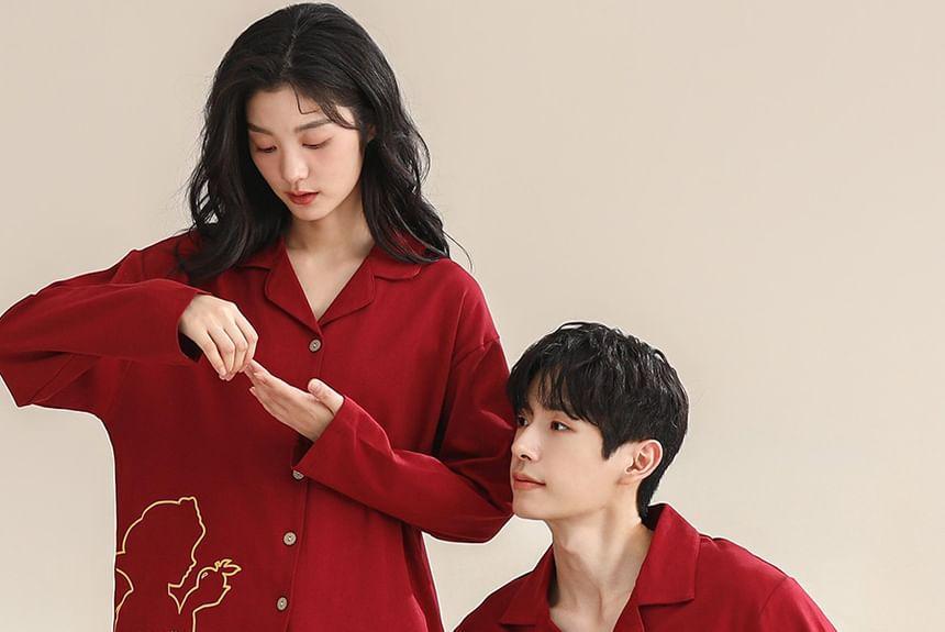 Couple Matching Pajama Set: Long Sleeve Collared Patterned Print Shirt + Elastic Waist Straight Leg Pants (Various Designs) Product Image